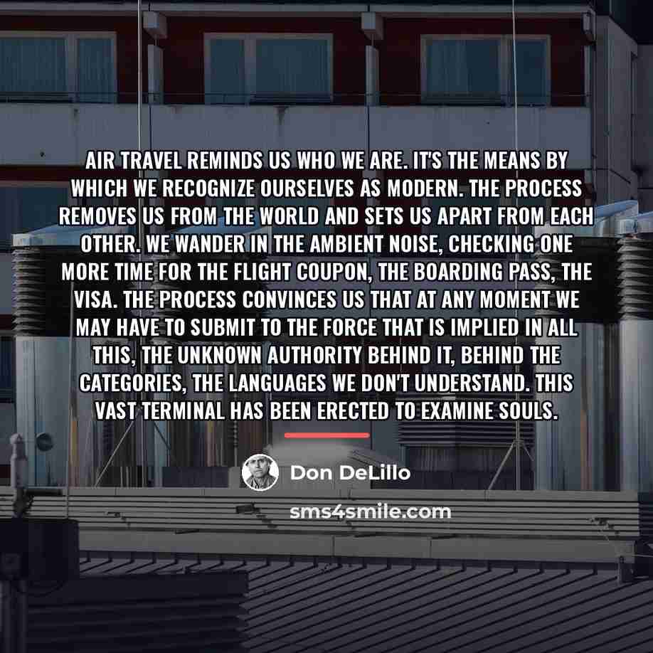 “Air travel reminds us who we are. It's the means…” quote by Don DeLillo