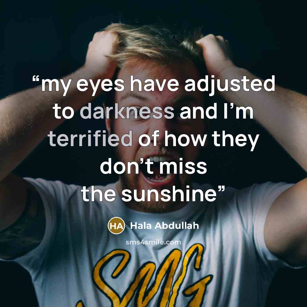 “my eyes have adjusted to darkness and I'm terrified of how they don't miss the sunshine” quote by Hala Abdullah