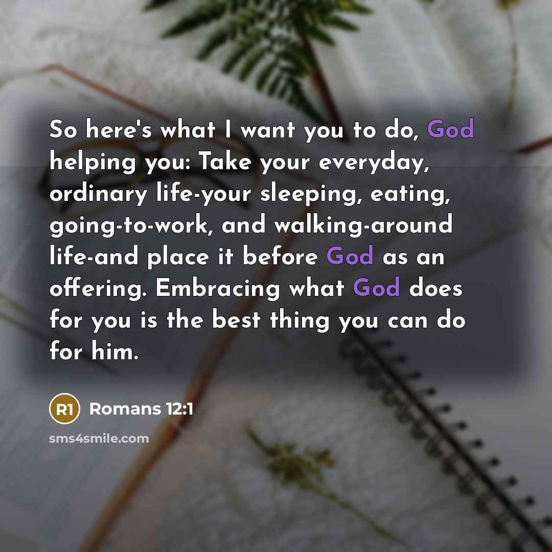 “So here's what I want you to do, God helping you: Take your everyday, ordinary life-your sleeping, eating, going-to-work, and walking-around life-and place it before God as an offering. Embracing what God does for you is the best thing you can do for him.” quote by Romans 12:1
