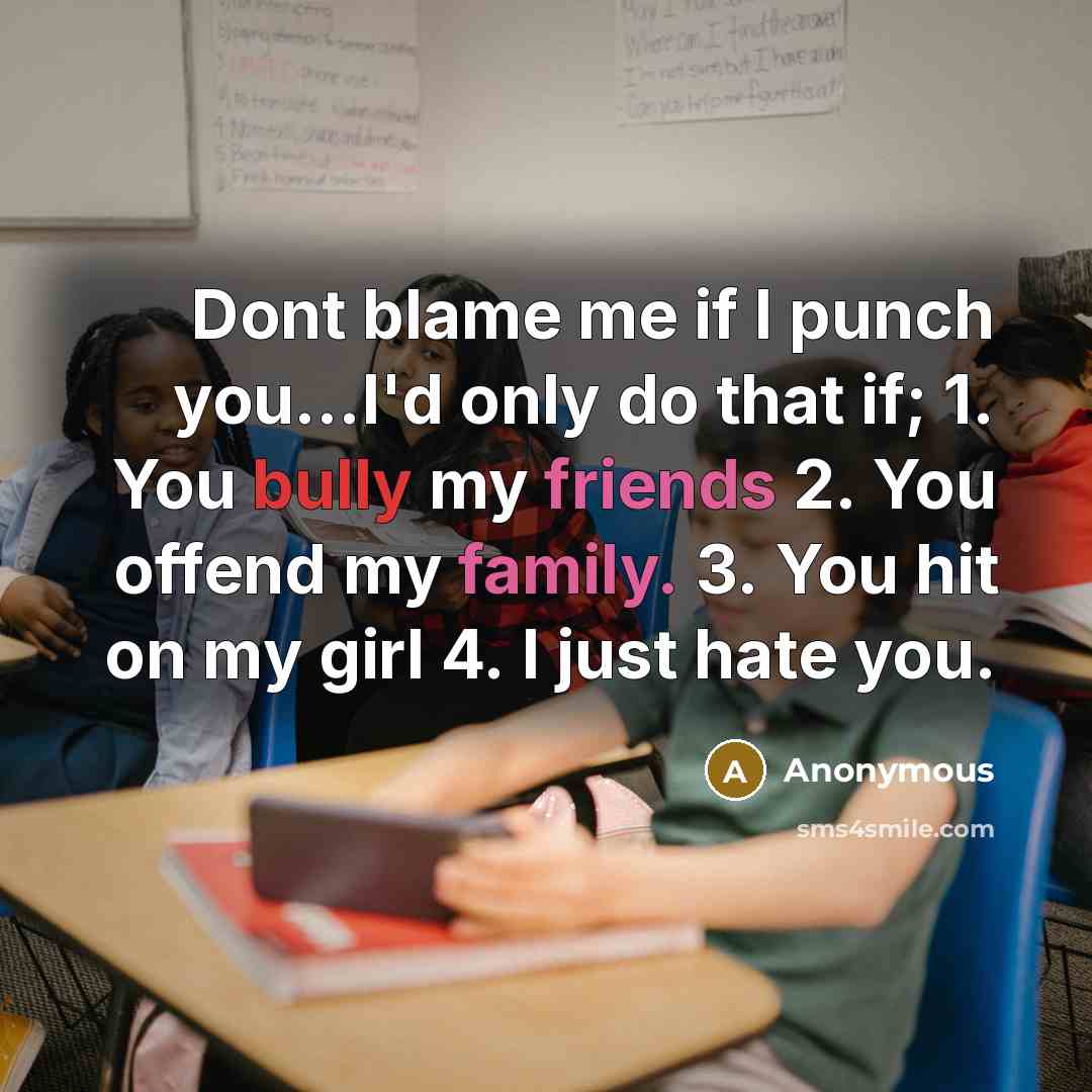 “Dont blame me if I punch you...I'd only do that if; 1. You bully my friends 2. You offend my family. 3. You hit on my girl 4. I just hate you.” quote by Anonymous