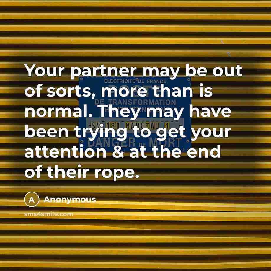 “Your partner may be out of sorts, more than is normal. They may have been trying to get your attention & at the end of their rope.” quote by Anonymous