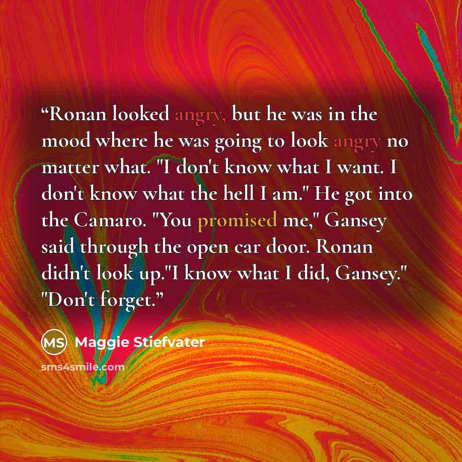 “Ronan looked angry, but he was in the mood where he was going to look angry no matter what. "I don't know what I want. I don't know what the hell I am." He got into the Camaro. "You promised me," Gansey said through the open car door. Ronan didn't look up."I know what I did, Gansey." "Don't forget.” quote by Maggie Stiefvater