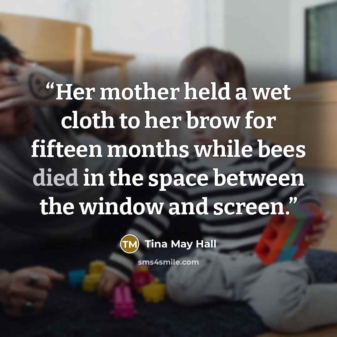 “Her mother held a wet cloth to her brow for fifteen months while bees died in the space between the window and screen.” quote by Tina May Hall