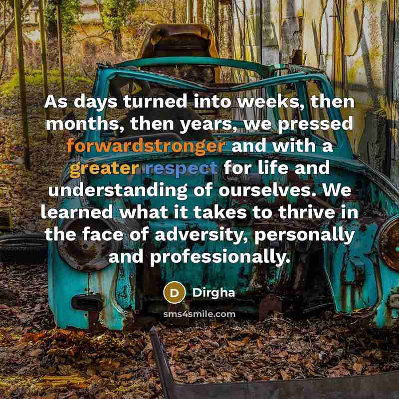 “As days turned into weeks, then months, then years, we pressed forwardstronger and with a greater respect for life and understanding of ourselves. We learned what it takes to thrive in the face of adversity, personally and professionally.” quote by Dirgha