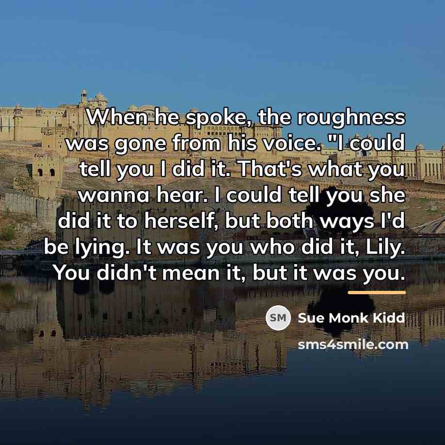 “When he spoke, the roughness was gone from his voice.…” quote by Sue Monk Kidd