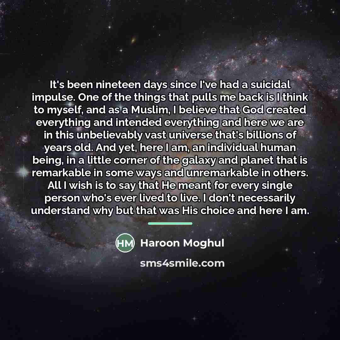 “It's been nineteen days since I've had a suicidal impulse.…” quote by Haroon Moghul