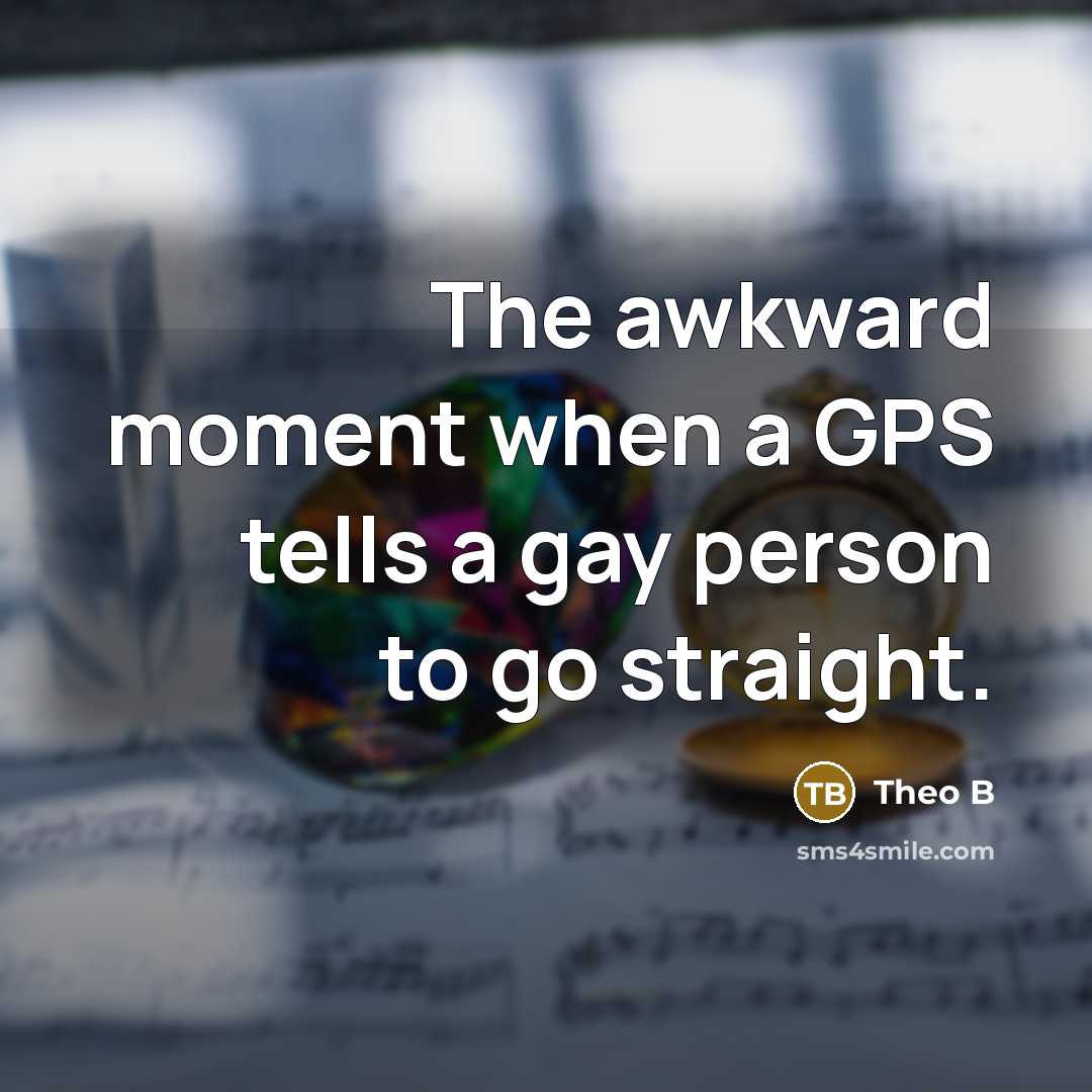 “The awkward moment when a GPS tells a gay person to go straight.” quote by Theo B