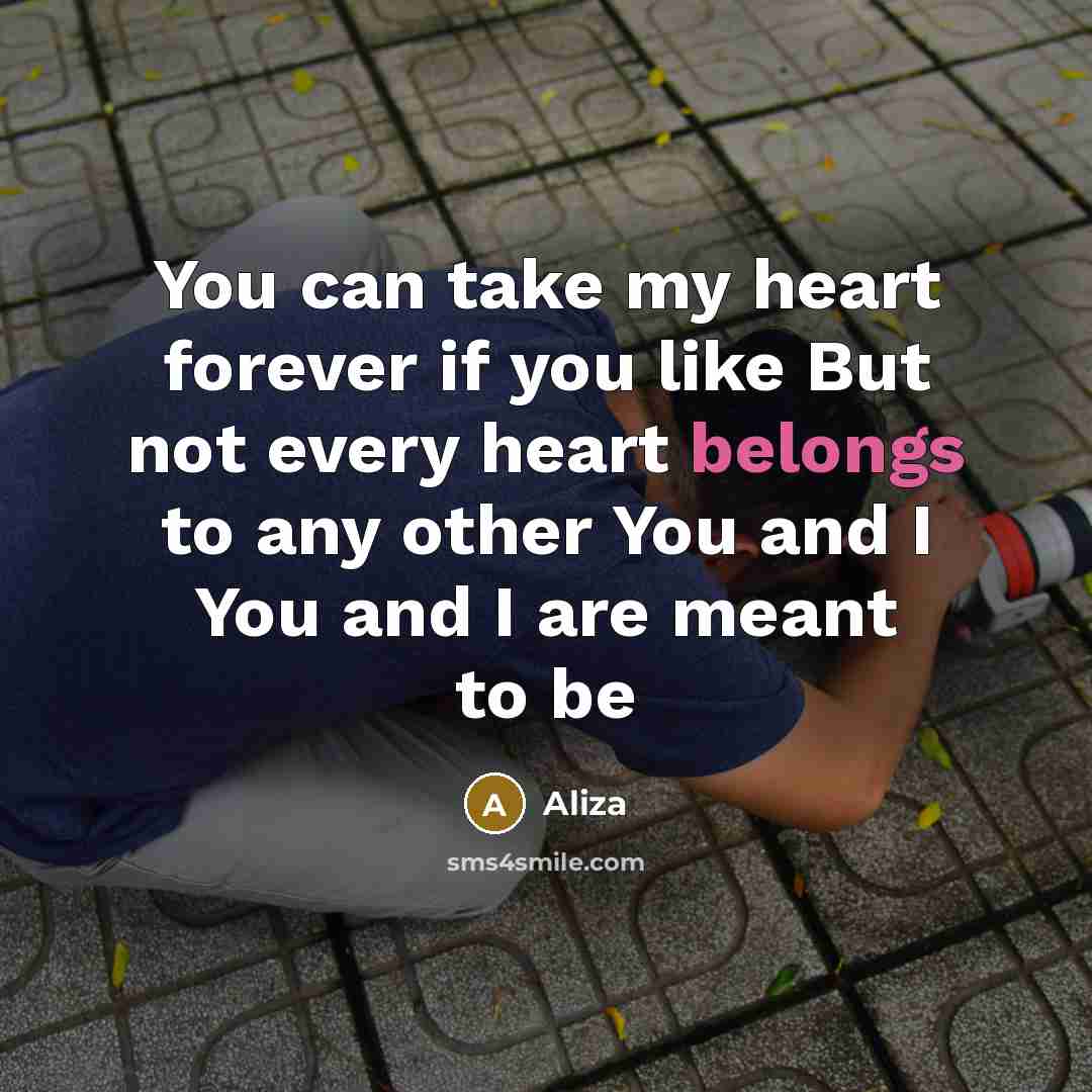 “You can take my heart forever if you like But not every heart belongs to any other You and I You and I are meant to be” quote by Aliza
