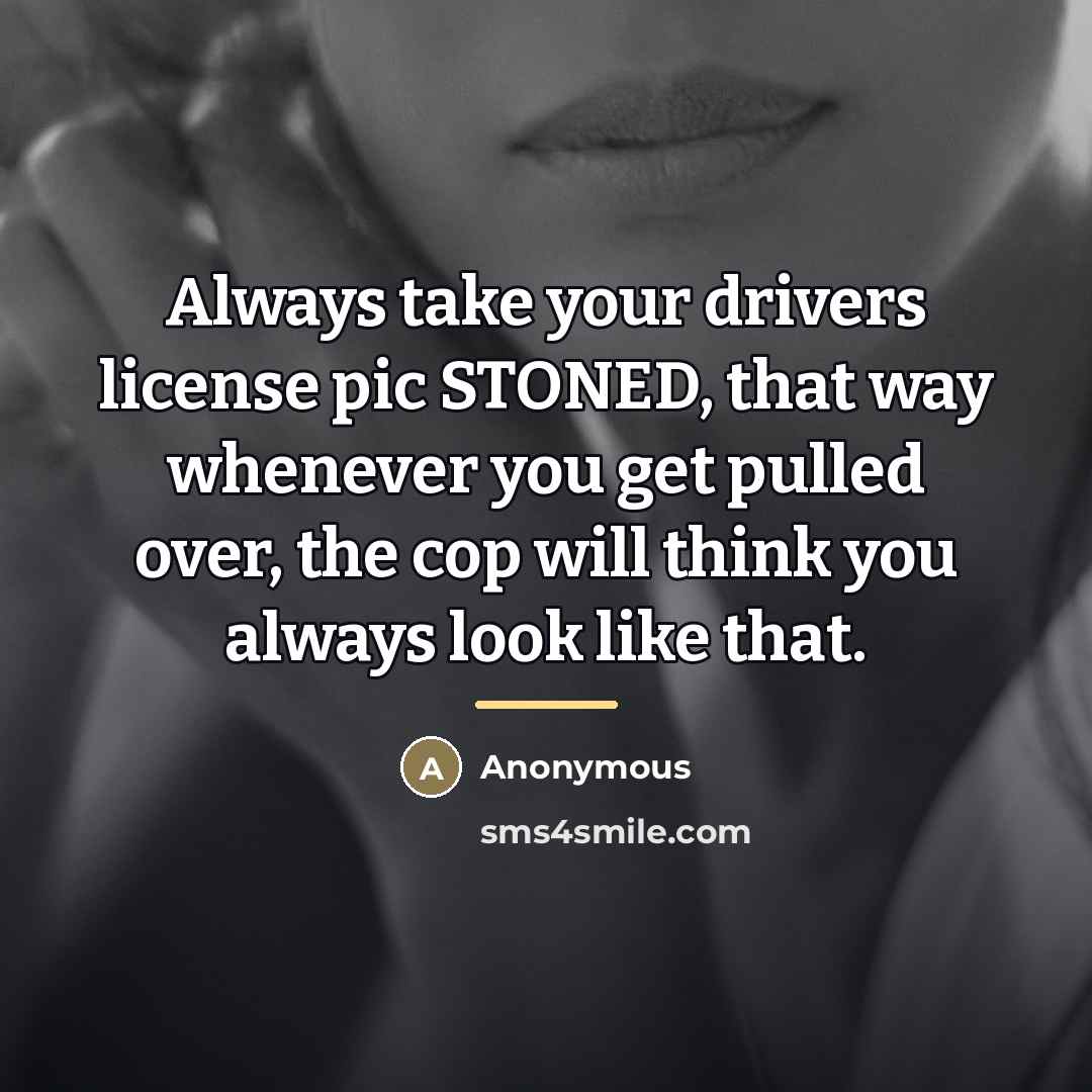 “Always take your drivers license pic STONED, that way whenever…” quote by Anonymous