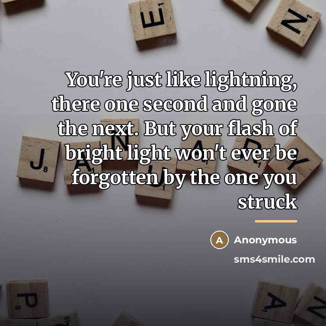 “You're just like lightning, there one second and gone the…” quote by Anonymous
