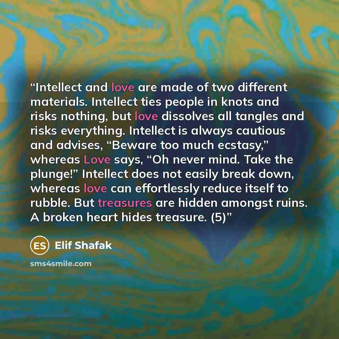 “Intellect and love are made of two different materials. Intellect ties people in knots and risks nothing, but love dissolves all tangles and risks everything. Intellect is always cautious and advises, “Beware too much ecstasy,” whereas Love says, “Oh never mind. Take the plunge!” Intellect does…” quote by Elif Shafak
