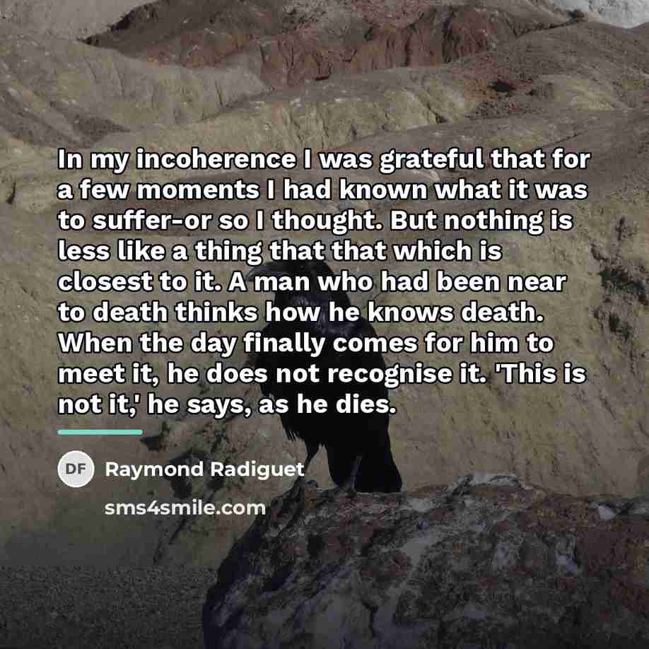 “In my incoherence I was grateful that for a few…” quote by Raymond Radiguet