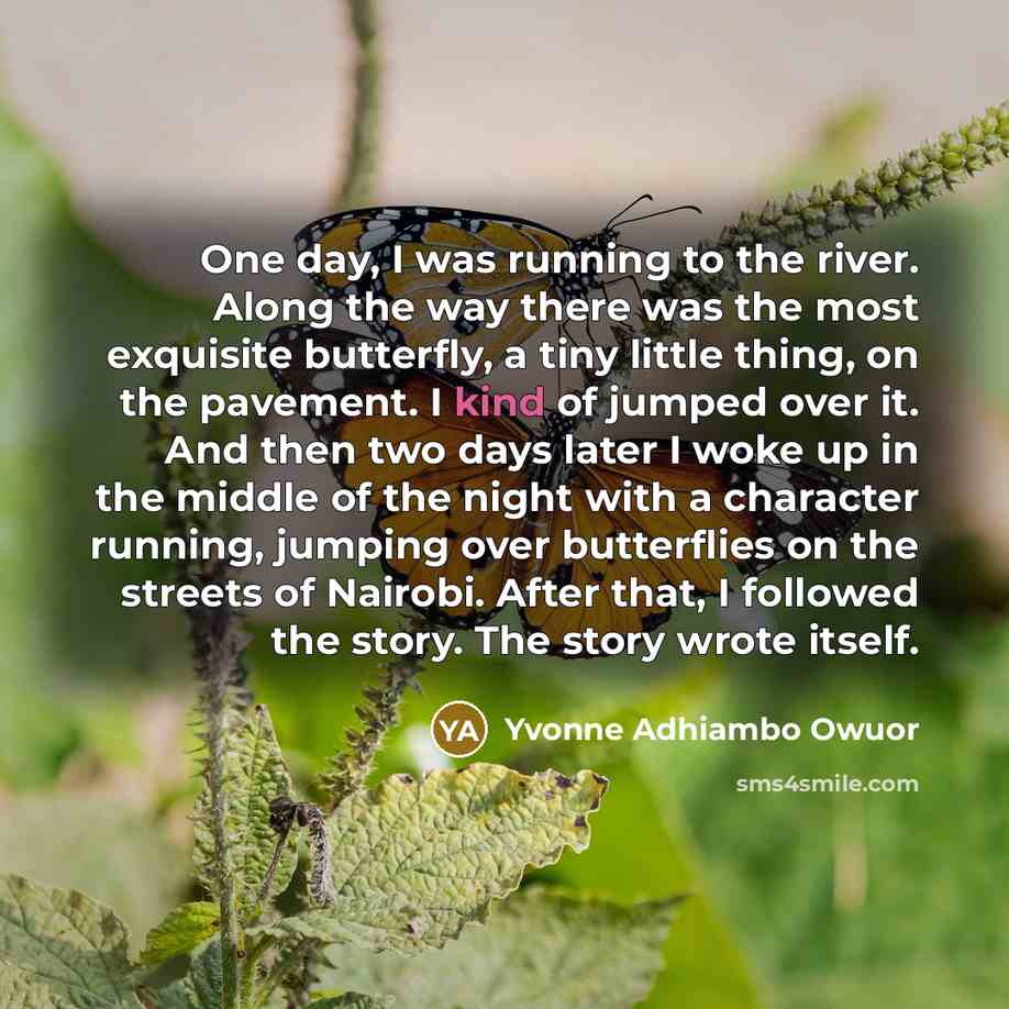 “One day, I was running to the river. Along the way there was the most exquisite butterfly, a tiny little thing, on the pavement. I kind of jumped over it. And then two days later I woke up in the middle of the night with a character running, jumping over butterflies on the streets of Nairobi…” quote by Yvonne Adhiambo Owuor