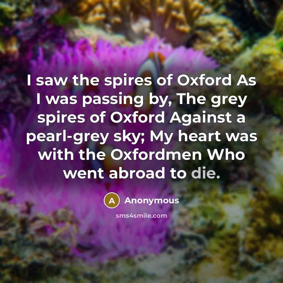 “I saw the spires of Oxford As I was passing by, The grey spires of Oxford Against a pearl-grey sky; My heart was with the Oxfordmen Who went abroad to die.” quote by Anonymous