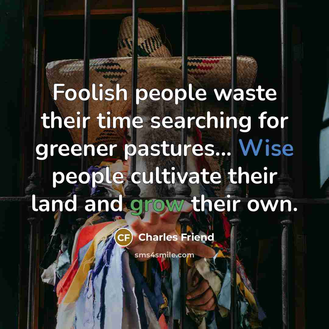 “Foolish people waste their time searching for greener pastures... Wise…” quote by Charles Friend