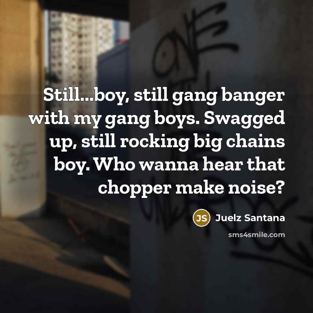 “Still...boy, still gang banger with my gang boys. Swagged up, still rocking big chains boy. Who wanna hear that chopper make noise?” quote by Juelz Santana