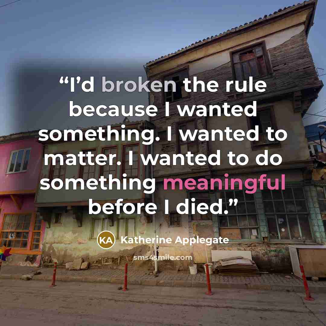 “I’d broken the rule because I wanted something. I wanted to matter. I wanted to do something meaningful before I died.” quote by Katherine Applegate