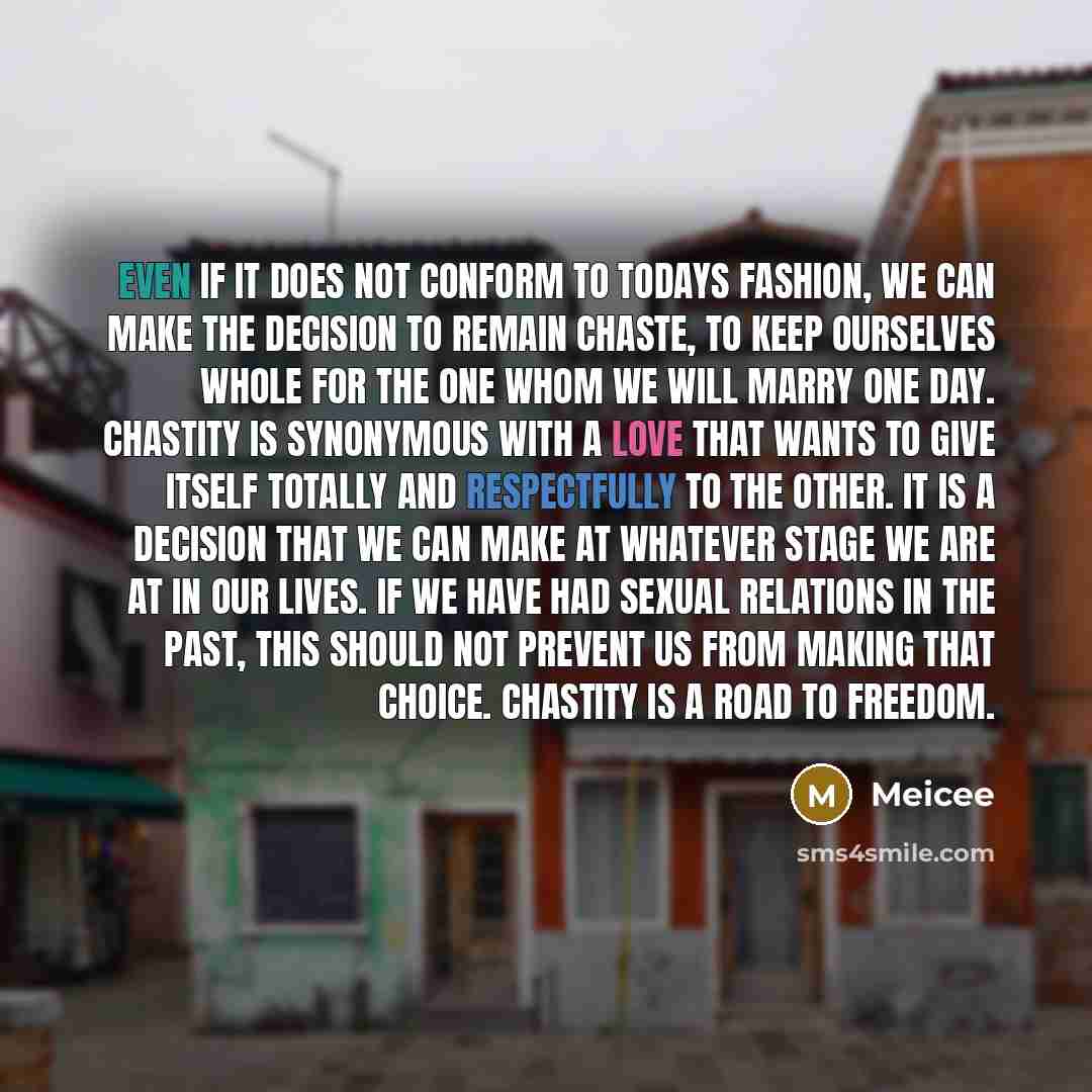 “Even if it does not conform to todays fashion, we can make the decision to remain chaste, to keep ourselves whole for the one whom we will marry one day. Chastity is synonymous with a love that wants to give itself totally and respectfully to the other. It is a decision that we can make at…” quote by Meicee
