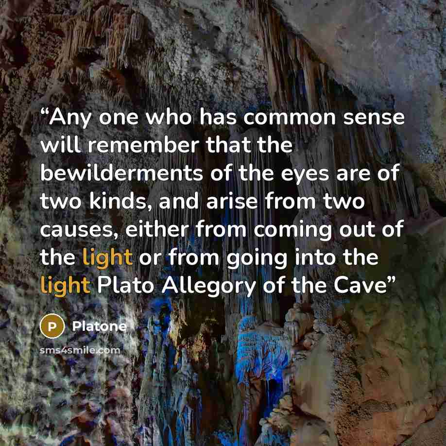 “Any one who has common sense will remember that the bewilderments of the eyes are of two kinds, and arise from two causes, either from coming out of the light or from going into the light Plato Allegory of the Cave” quote by Platone