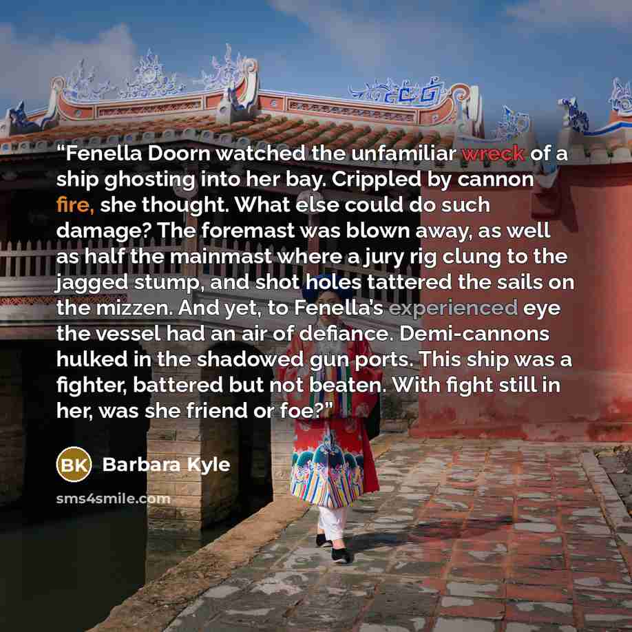 “Fenella Doorn watched the unfamiliar wreck of a ship ghosting into her bay. Crippled by cannon fire, she thought. What else could do such damage? The foremast was blown away, as well as half the mainmast where a jury rig clung to the jagged stump, and shot holes tattered the sails on the mizzen…” quote by Barbara Kyle