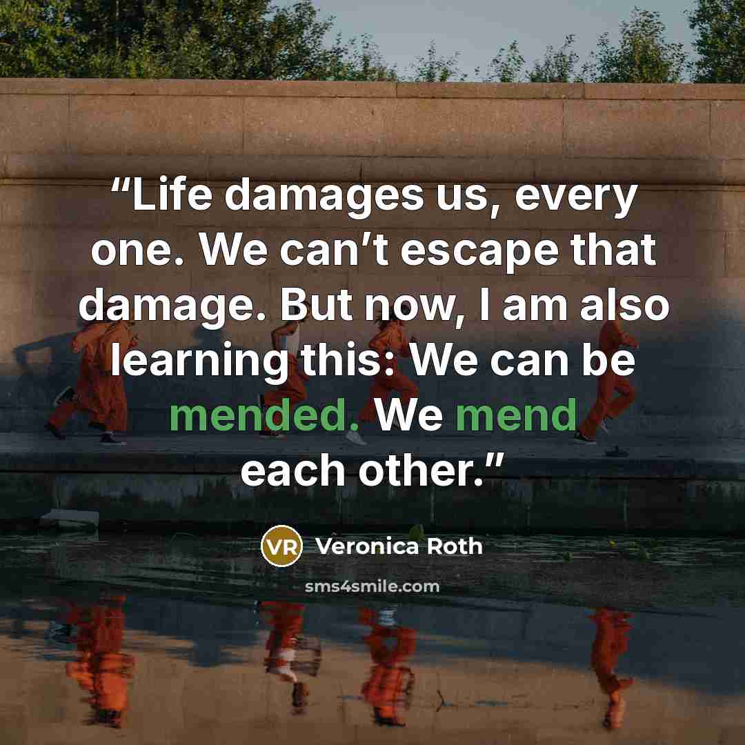 “Life damages us, every one. We can’t escape that damage. But now, I am also learning this: We can be mended. We mend each other.” quote by Veronica Roth
