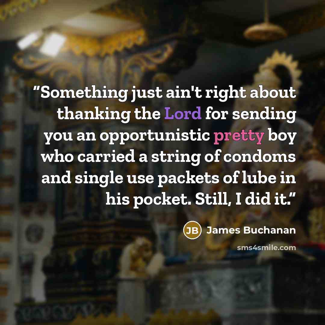 “Something just ain't right about thanking the Lord for sending you an opportunistic pretty boy who carried a string of condoms and single use packets of lube in his pocket. Still, I did it.” quote by James Buchanan