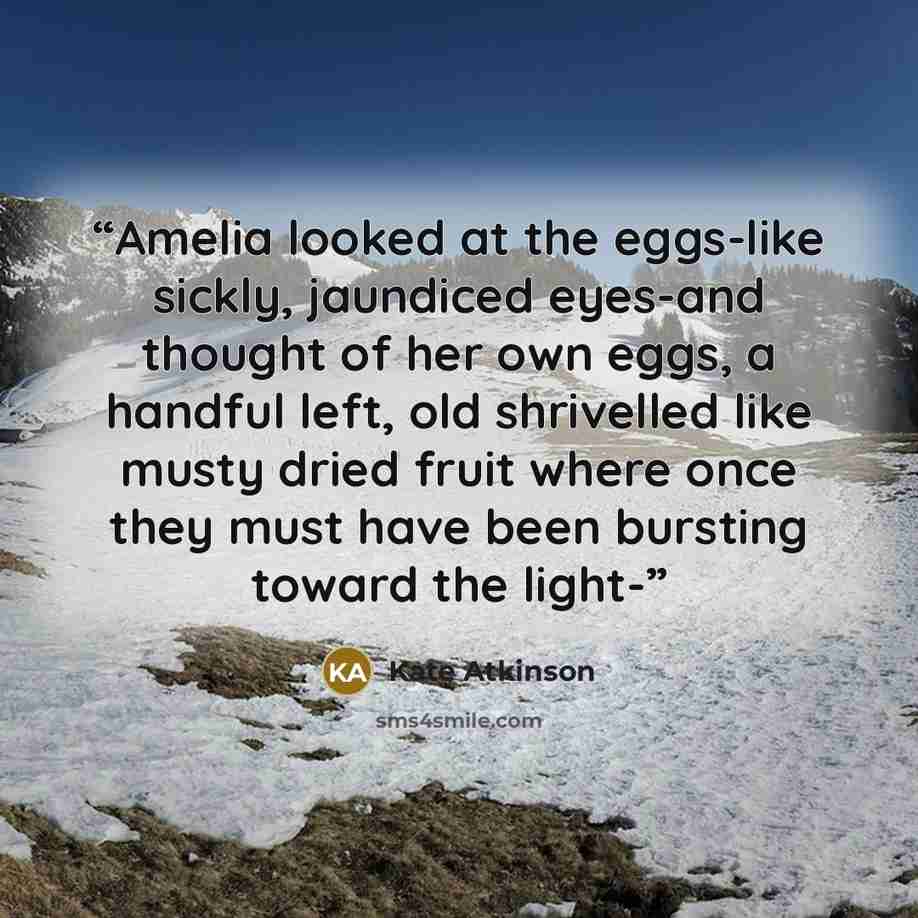 “Amelia looked at the eggs-like sickly, jaundiced eyes-and thought of her own eggs, a handful left, old shrivelled like musty dried fruit where once they must have been bursting toward the light-” quote by Kate Atkinson