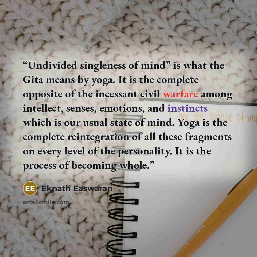 “Undivided singleness of mind” is what the Gita means by yoga. It is the complete opposite of the incessant civil warfare among intellect, senses, emotions, and instincts which is our usual state of mind. Yoga is the complete reintegration of all these fragments on every level of the personality…” quote by Eknath Easwaran