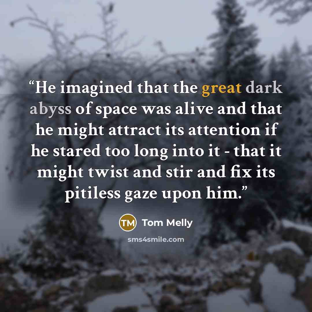 “He imagined that the great dark abyss of space was alive and that he might attract its attention if he stared too long into it - that it might twist and stir and fix its pitiless gaze upon him.” quote by Tom Melly