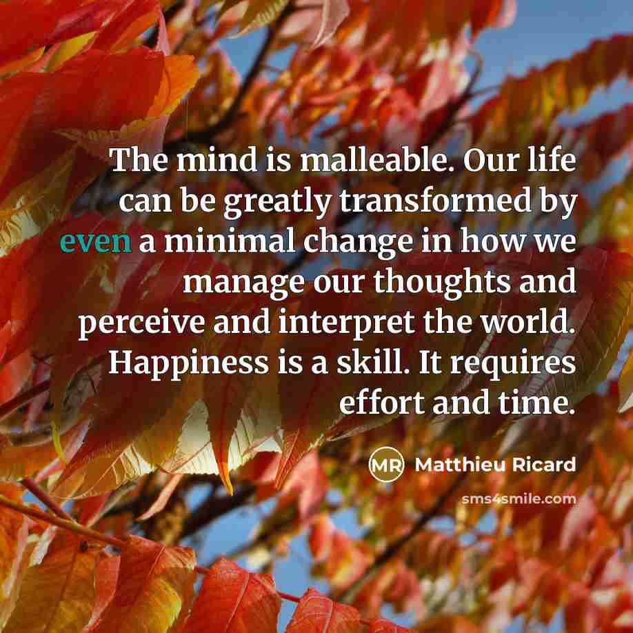 “The mind is malleable. Our life can be greatly transformed…” quote by Matthieu Ricard