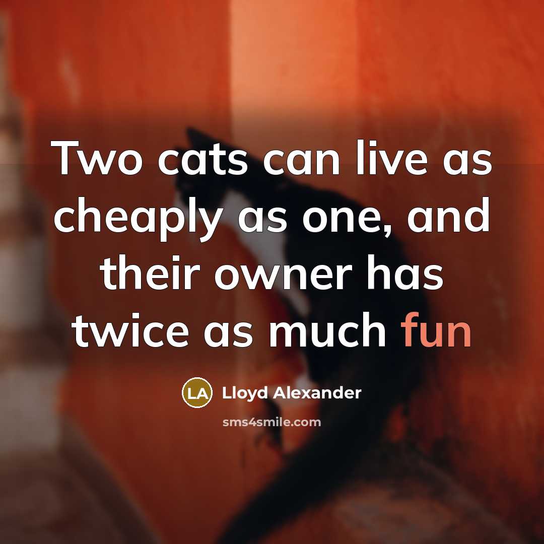 “Two cats can live as cheaply as one, and their…” quote by Lloyd Alexander