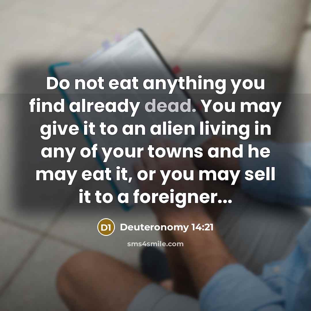 “Do not eat anything you find already dead. You may give it to an alien living in any of your towns and he may eat it, or you may sell it to a foreigner...” quote by Deuteronomy 14:21