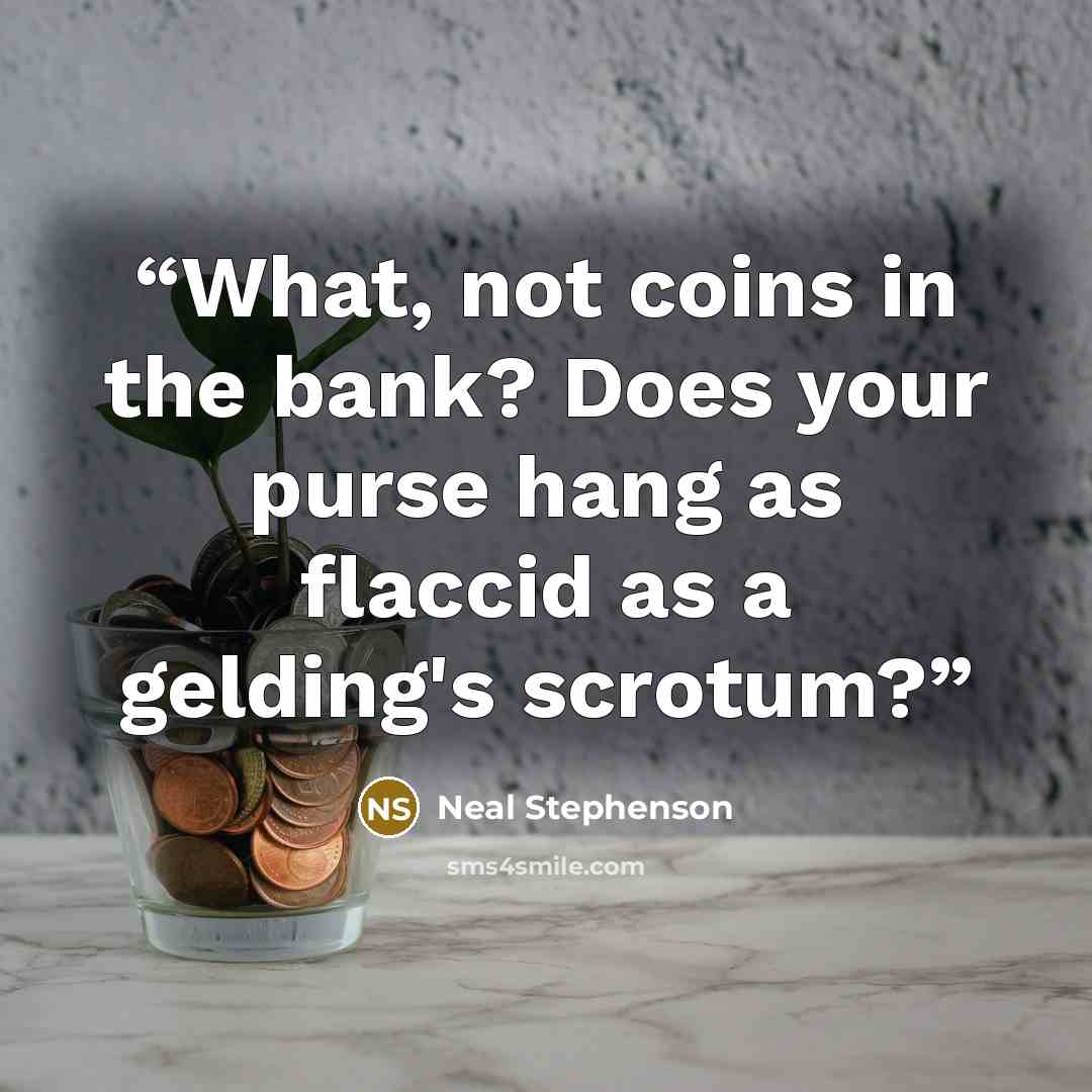 “What, not coins in the bank? Does your purse hang as flaccid as a gelding's scrotum?” quote by Neal Stephenson