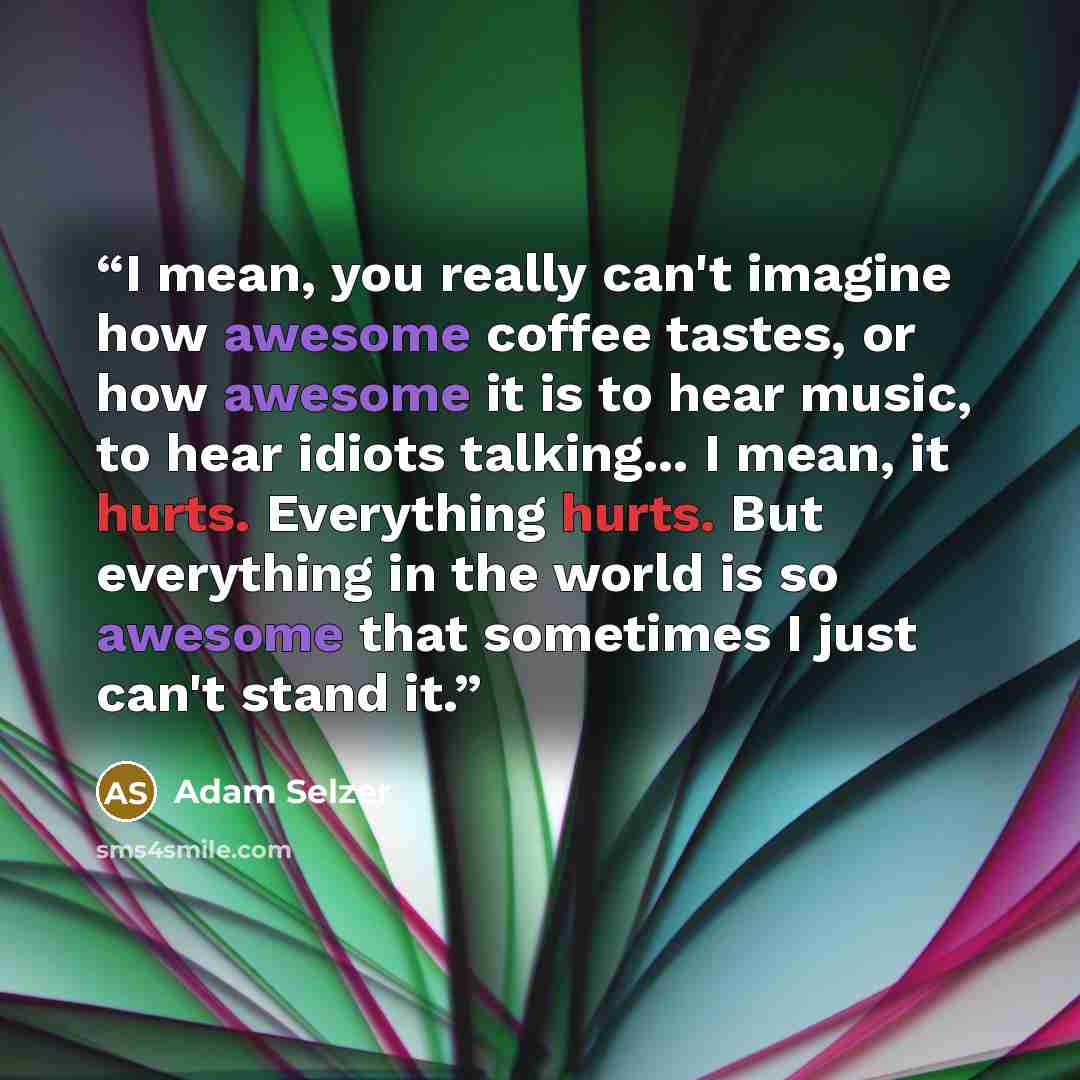 “I mean, you really can't imagine how awesome coffee tastes, or how awesome it is to hear music, to hear idiots talking... I mean, it hurts. Everything hurts. But everything in the world is so awesome that sometimes I just can't stand it.” quote by Adam Selzer