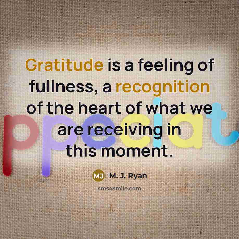 “Gratitude is a feeling of fullness, a recognition of the heart of what we are receiving in this moment.” quote by M. J. Ryan