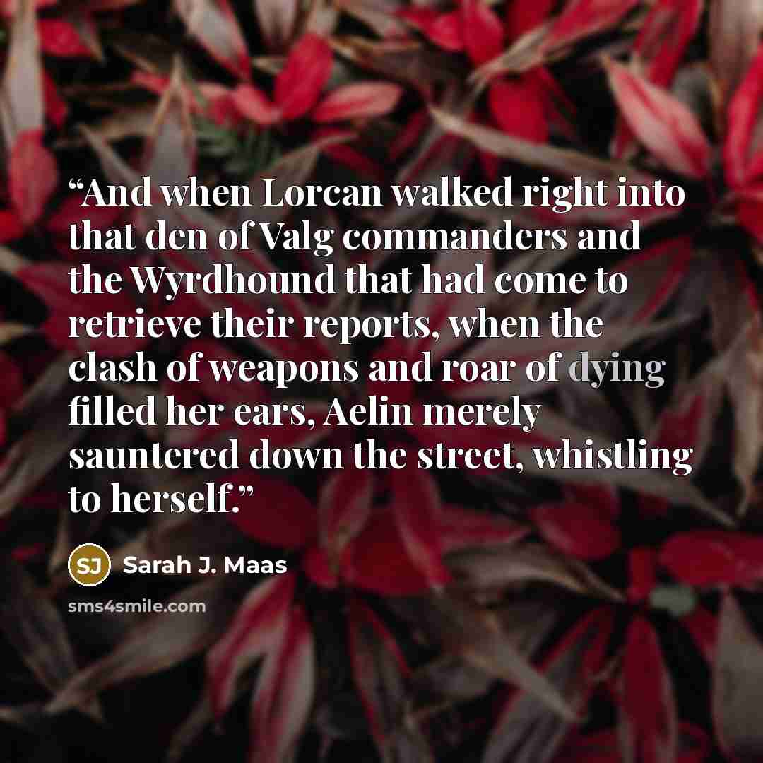 “And when Lorcan walked right into that den of Valg commanders and the Wyrdhound that had come to retrieve their reports, when the clash of weapons and roar of dying filled her ears, Aelin merely sauntered down the street, whistling to herself.” quote by Sarah J. Maas