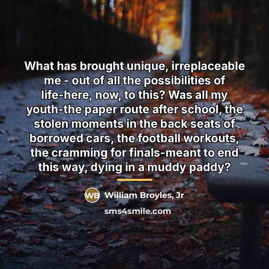 “What has brought unique, irreplaceable me - out of all…” quote by William Broyles, Jr