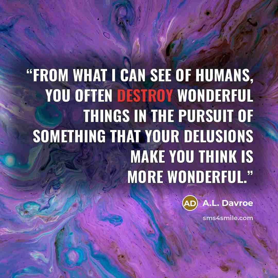 “From what I can see of humans, you often destroy wonderful things in the pursuit of something that your delusions make you think is more wonderful.” quote by A.L. Davroe