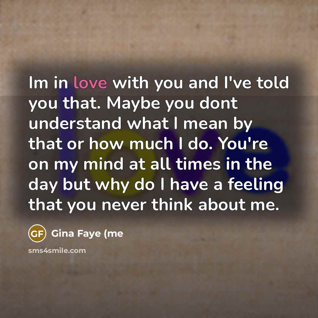 “Im in love with you and I've told you that. Maybe you dont understand what I mean by that or how much I do. You're on my mind at all times in the day but why do I have a feeling that you never think about me.” quote by Gina Faye (me