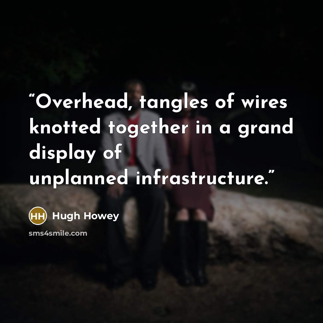 “Overhead, tangles of wires knotted together in a grand display of unplanned infrastructure.” quote by Hugh Howey