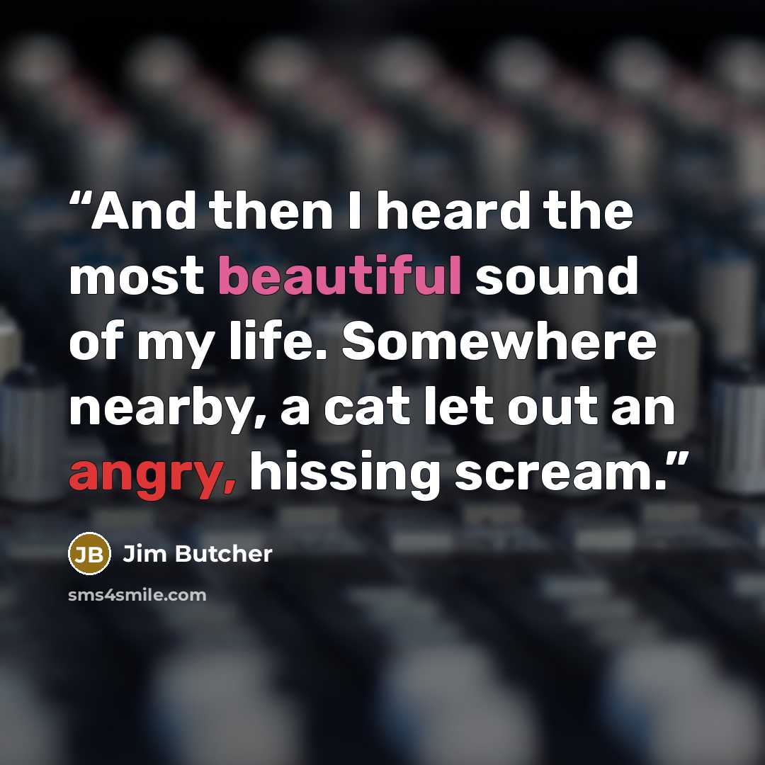 “And then I heard the most beautiful sound of my life. Somewhere nearby, a cat let out an angry, hissing scream.” quote by Jim Butcher