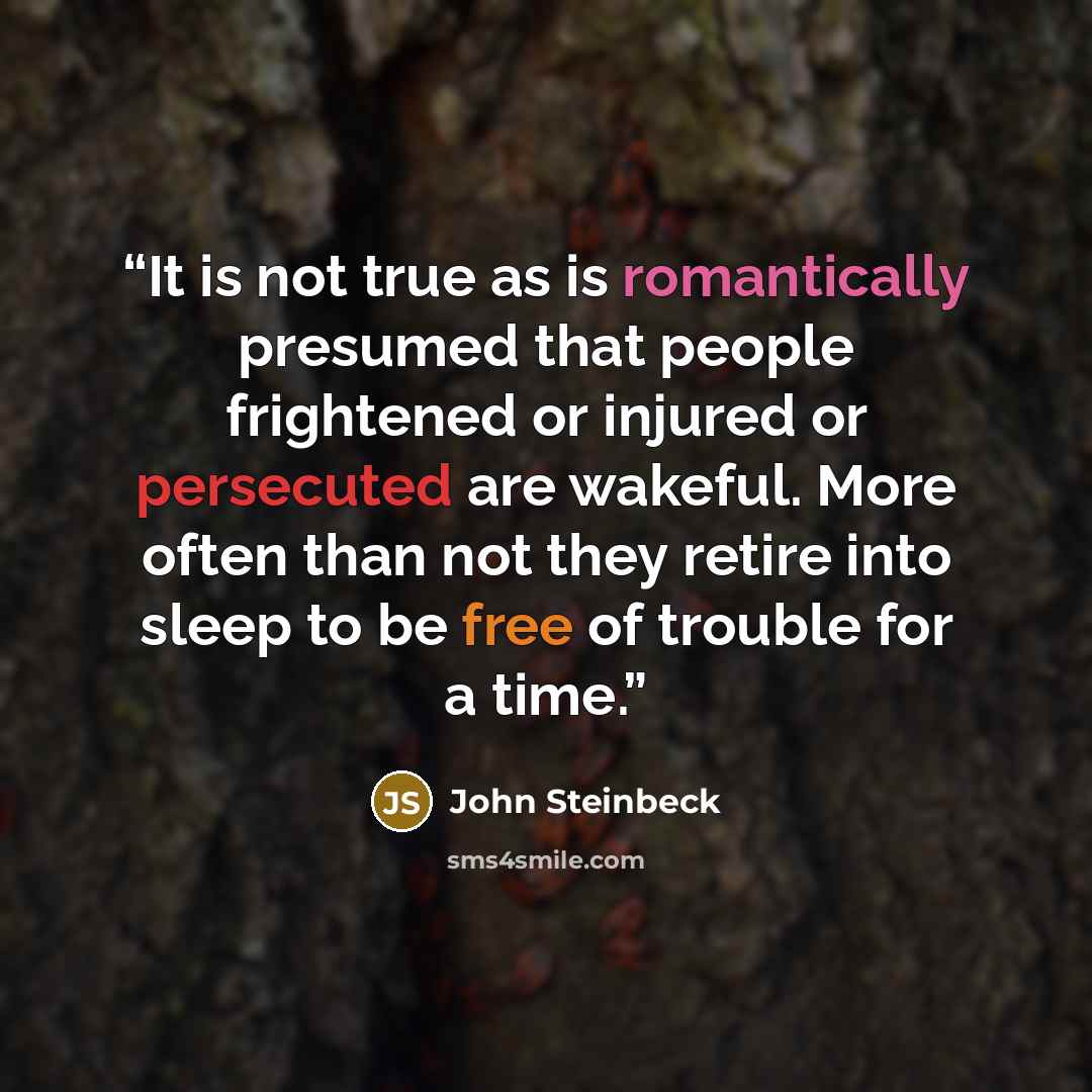 “It is not true as is romantically presumed that people frightened or injured or persecuted are wakeful. More often than not they retire into sleep to be free of trouble for a time.” quote by John Steinbeck