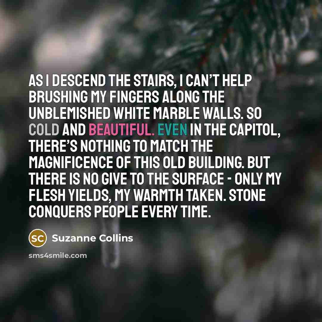 “As I descend the stairs, I can’t help brushing my…” quote by Suzanne Collins