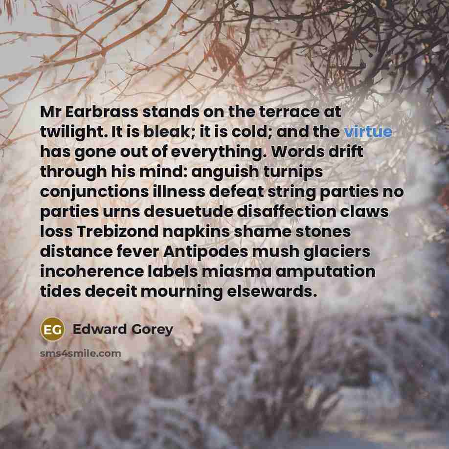 “Mr Earbrass stands on the terrace at twilight. It is…” quote by Edward Gorey