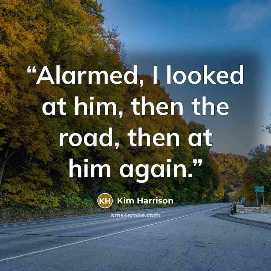 “Alarmed, I looked at him, then the road, then at him again.” quote by Kim Harrison