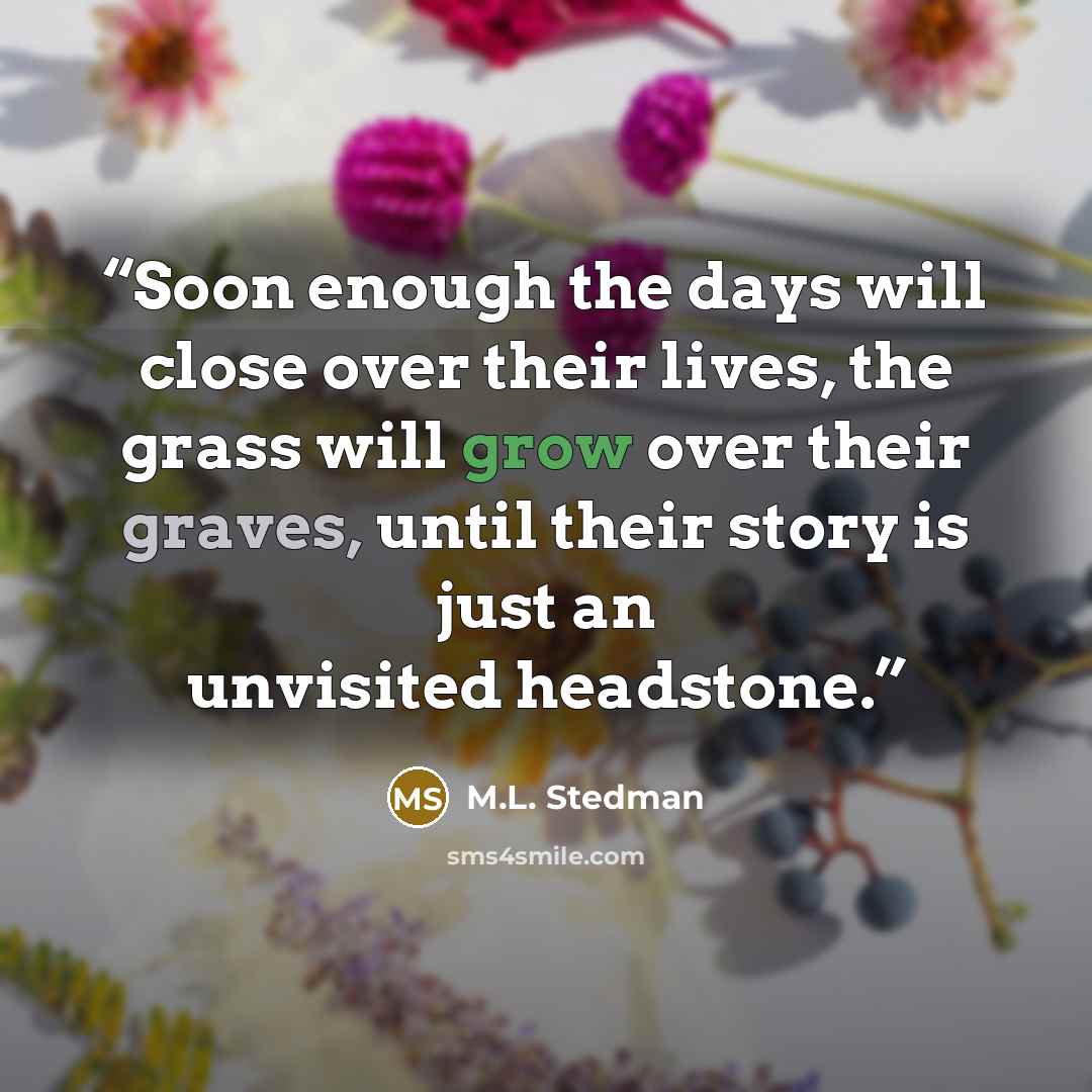 “Soon enough the days will close over their lives, the grass will grow over their graves, until their story is just an unvisited headstone.” quote by M.L. Stedman