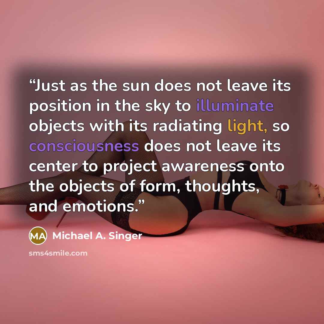 “Just as the sun does not leave its position in the sky to illuminate objects with its radiating light, so consciousness does not leave its center to project awareness onto the objects of form, thoughts, and emotions.” quote by Michael A. Singer
