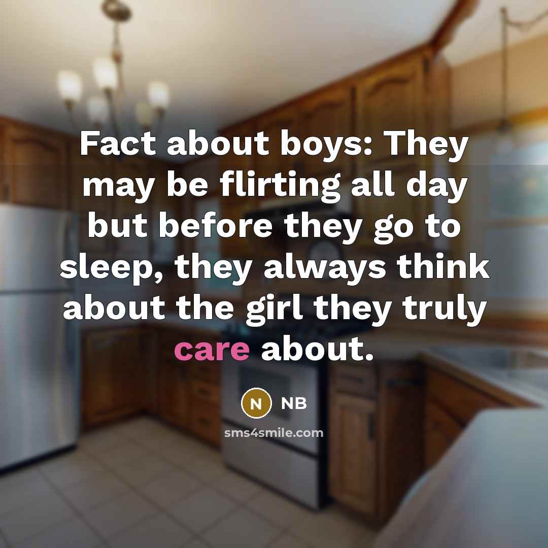 “Fact about boys: They may be flirting all day but before they go to sleep, they always think about the girl they truly care about.” quote by NB