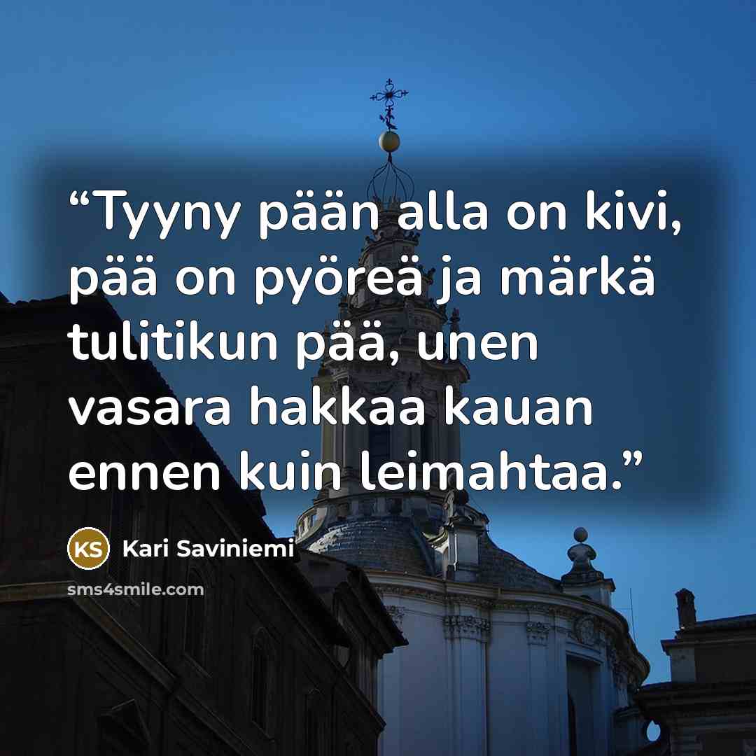 “Tyyny pään alla on kivi, pää on pyöreä ja märkä tulitikun pää, unen vasara hakkaa kauan ennen kuin leimahtaa.” quote by Kari Saviniemi