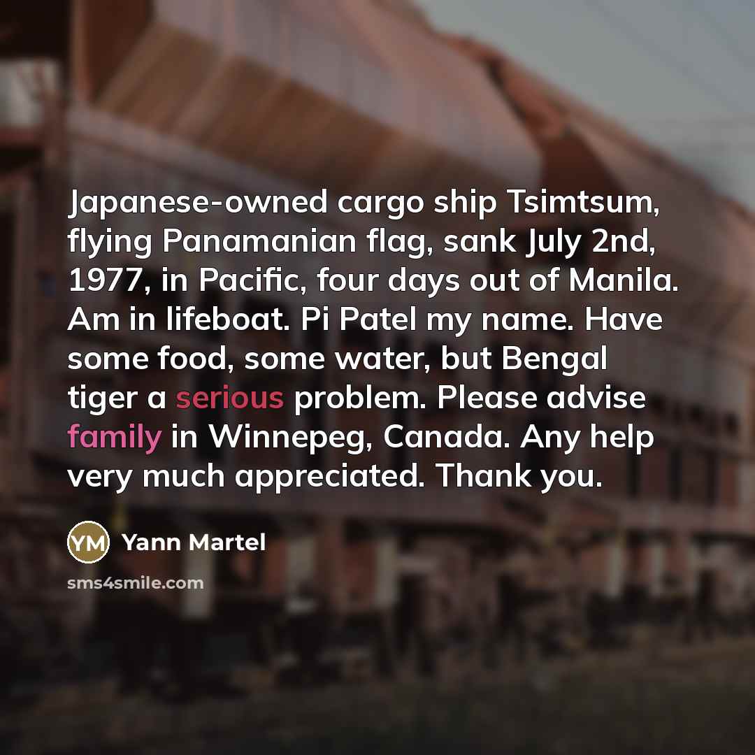“Japanese-owned cargo ship Tsimtsum, flying Panamanian flag, sank July 2nd,…” quote by Yann Martel